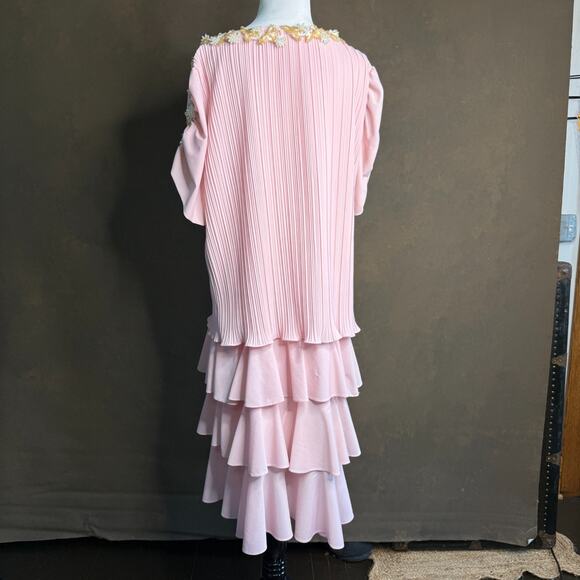 Vintage 80s Sandi Dee Pink Pleated Tiered Ruffle Dress Beaded Trim USA M - Picture 5 of 10